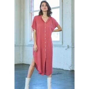 Maronie Rayon Midi Gauze Shirt Dress in Coral. Size L.